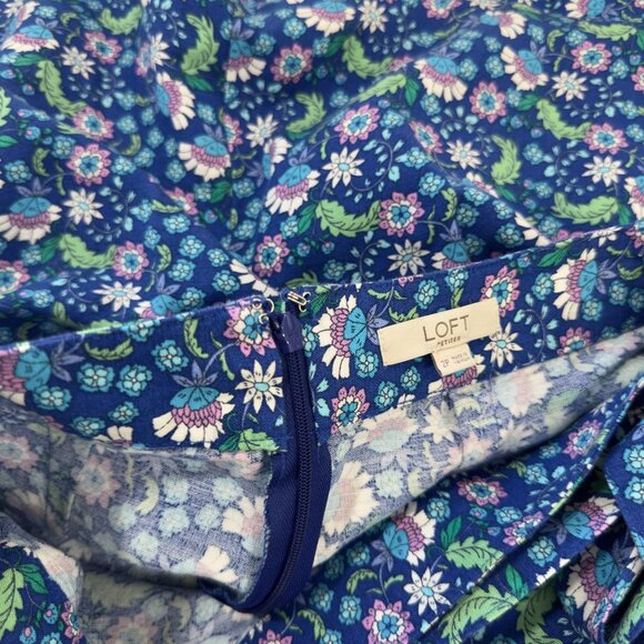 LOFT Floral Wrap Skirt With Ruffle Hem Blue/Green Womens Petite 2P Linen Blend - Picture 3 of 9
